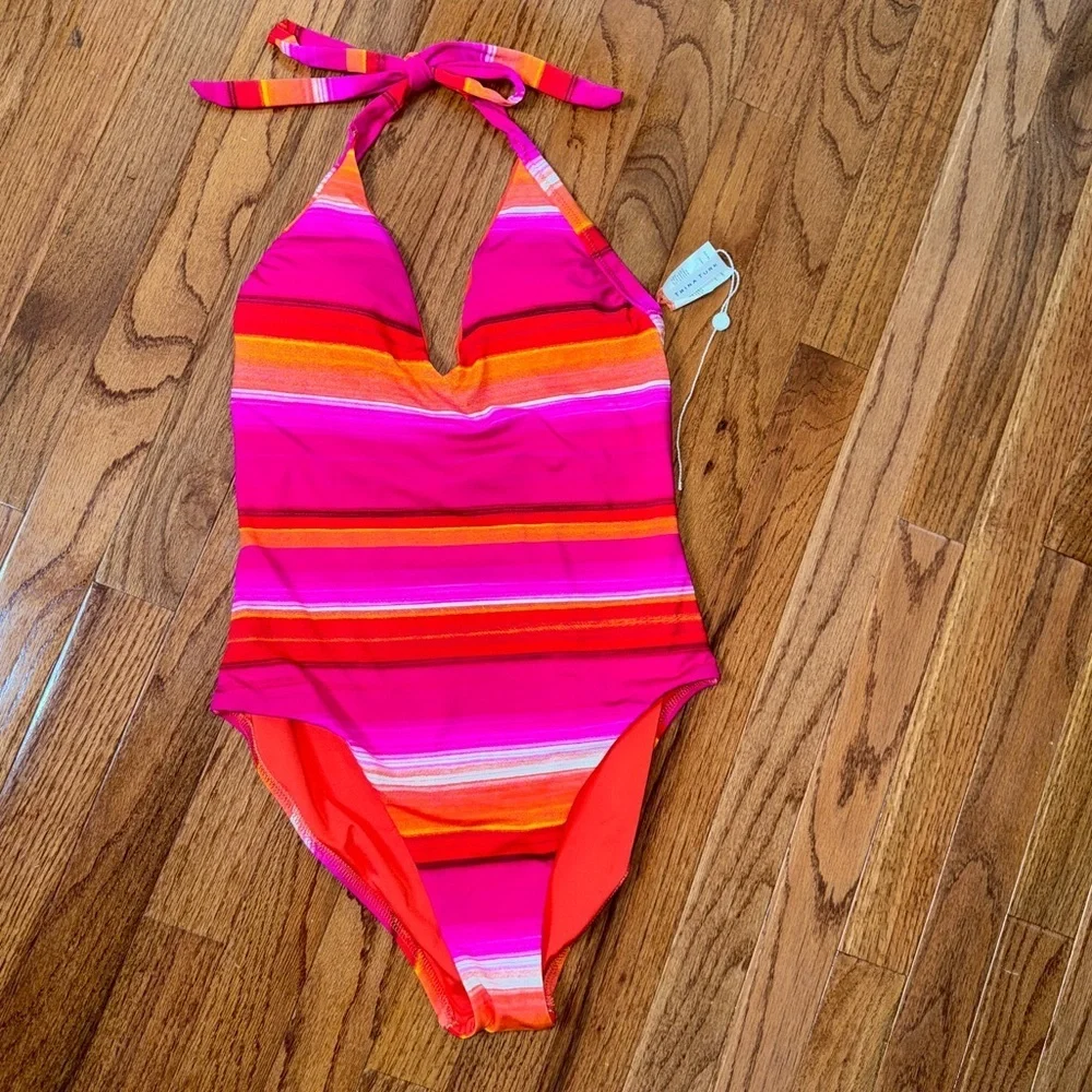 Trina Turk Solstice Stripe Halter Plunge One Piece Swimsuit Size 10 NEW